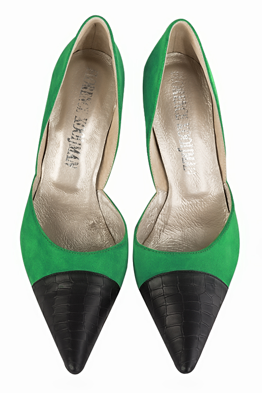 Satin black and emerald green women's open arch dress pumps. Pointed toe. Very high slim heel. Top view - Florence KOOIJMAN